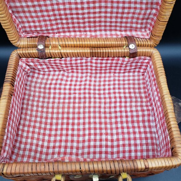 Vintage Wicker Picnic Basket Red Gingham Lining and Faux Food Cheese Bread Fruit - Picture 9 of 13